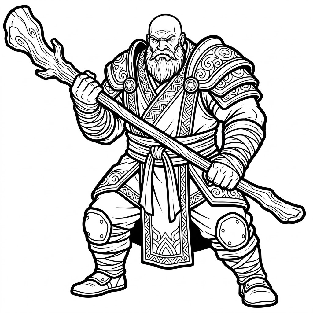 Raya and the last dragon coloring page of a large powerful bald warrior with a staff and detailed robes